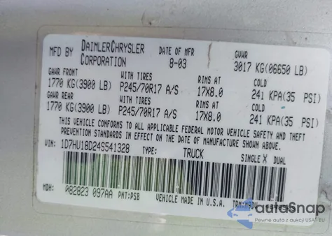 2004 Dodge Ram 1500 Slt/Laramie из США, поврежденный, VIN 1D7HU18D24S541328